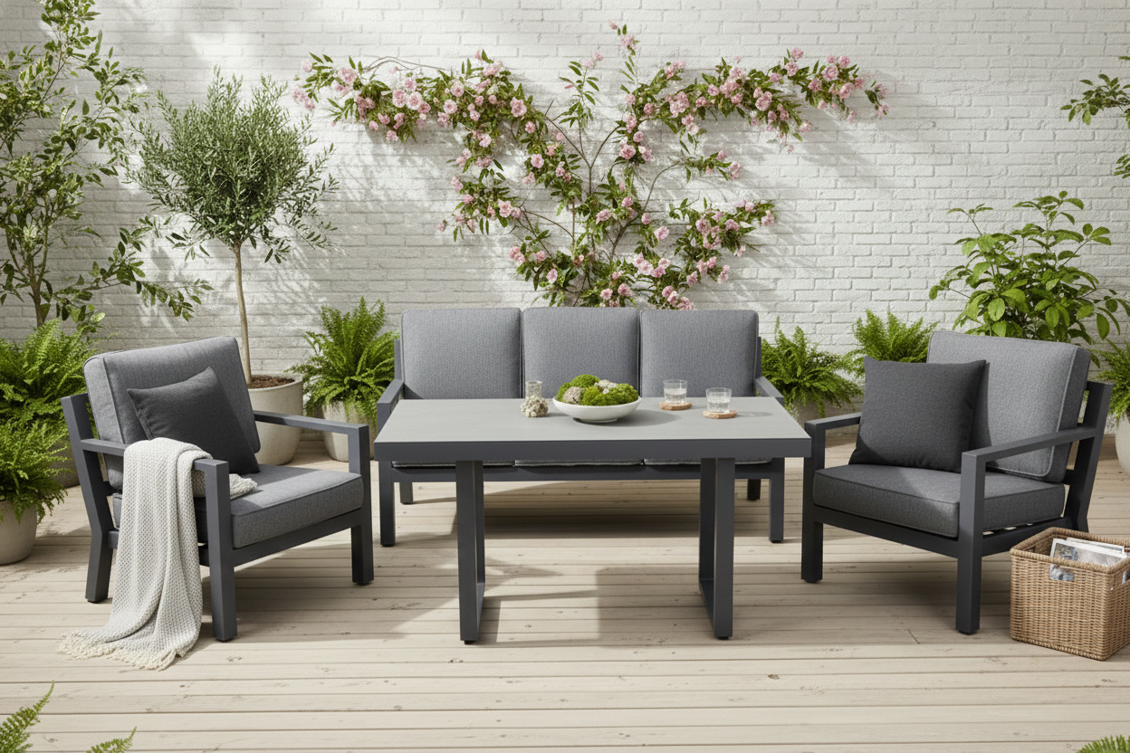 Garten Loungeset Kreta – 4-teiliges Set mit Tisch & dunkelgrauen Kissen