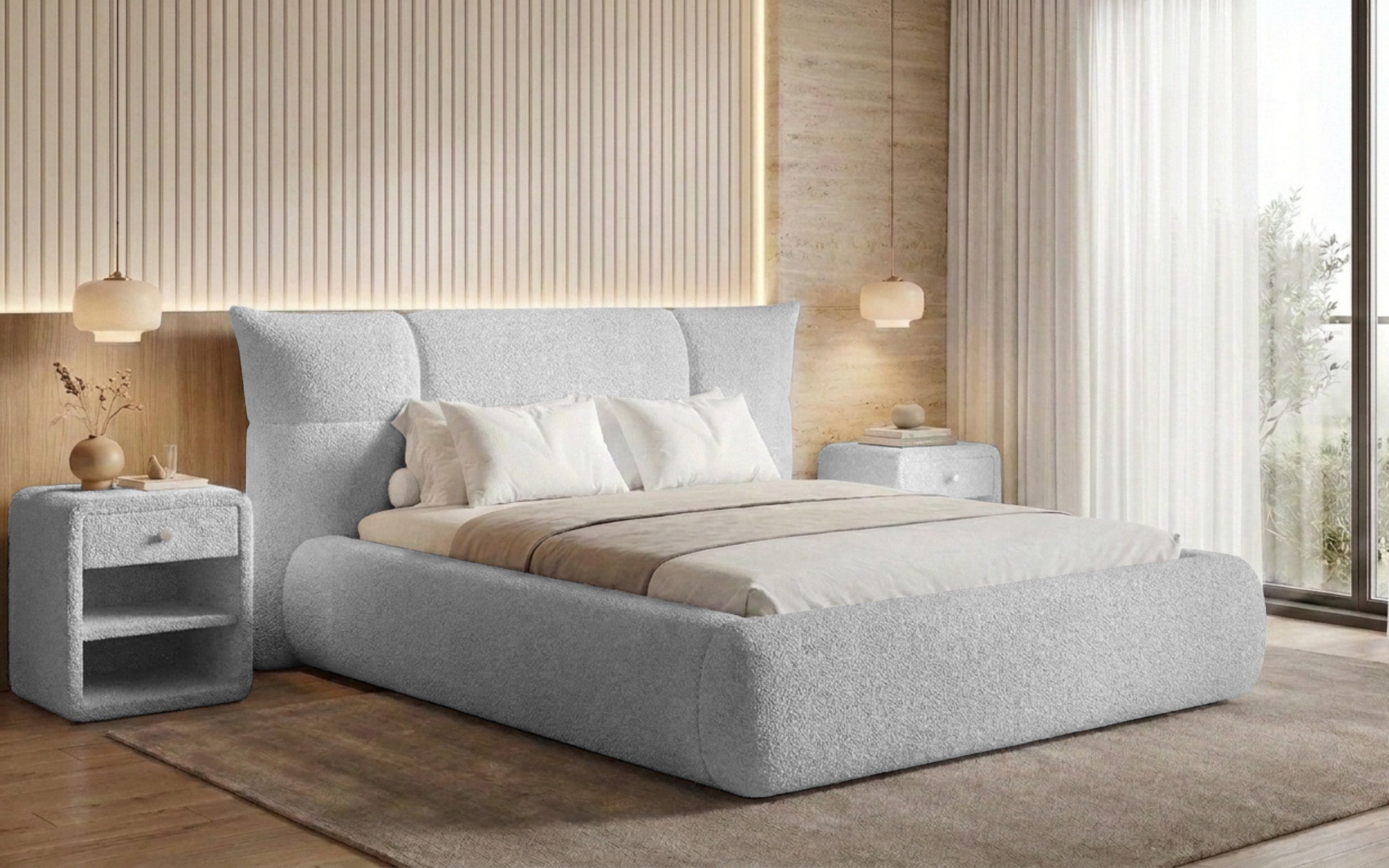 Designer Polsterbett Gioia in Teddy Bouclé mit Stauraum