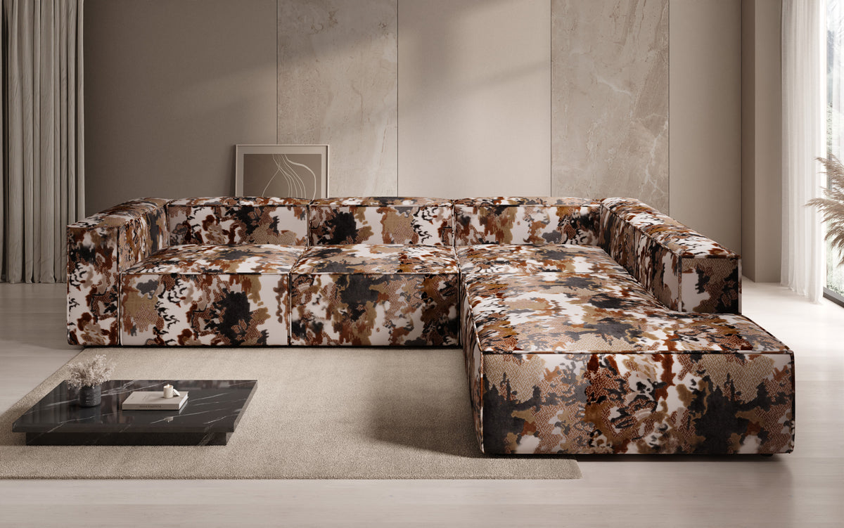 Designer Ecksofa Lesley mit langer Ottomane - Jacquard mit Aquarell-Muster