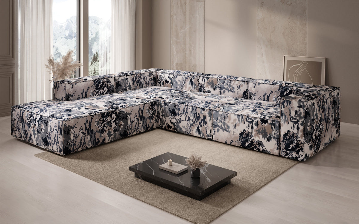 Designer Ecksofa Lesley mit langer Ottomane - Jacquard mit Aquarell-Muster
