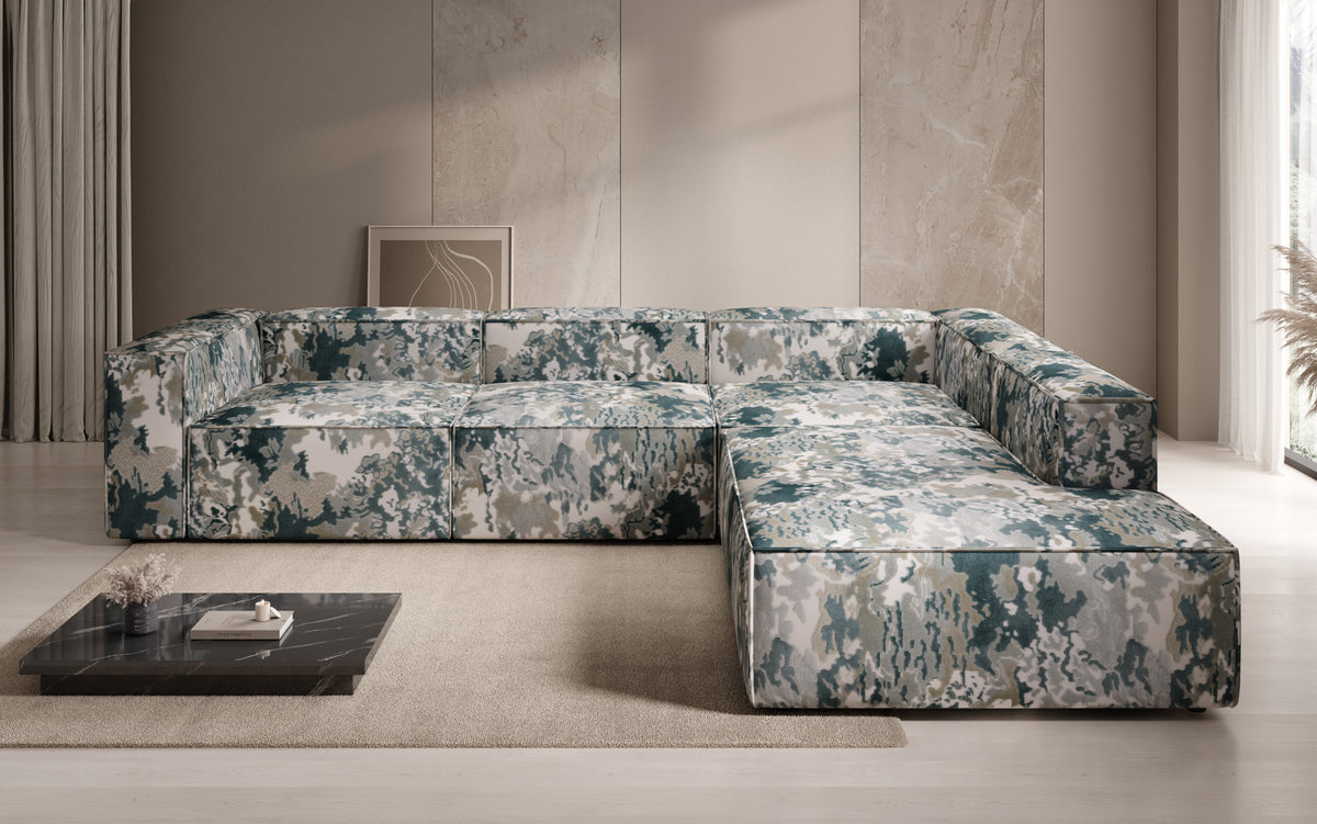 Designer Ecksofa Lesley mit langer Ottomane - Jacquard mit Aquarell-Muster