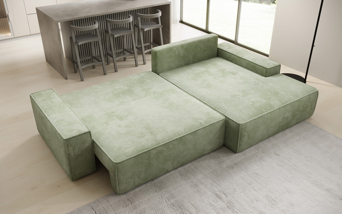 Designer Ecksofa Verona mit breiter Ottomane mit Schlaf- und Klappfunktion in Cord
