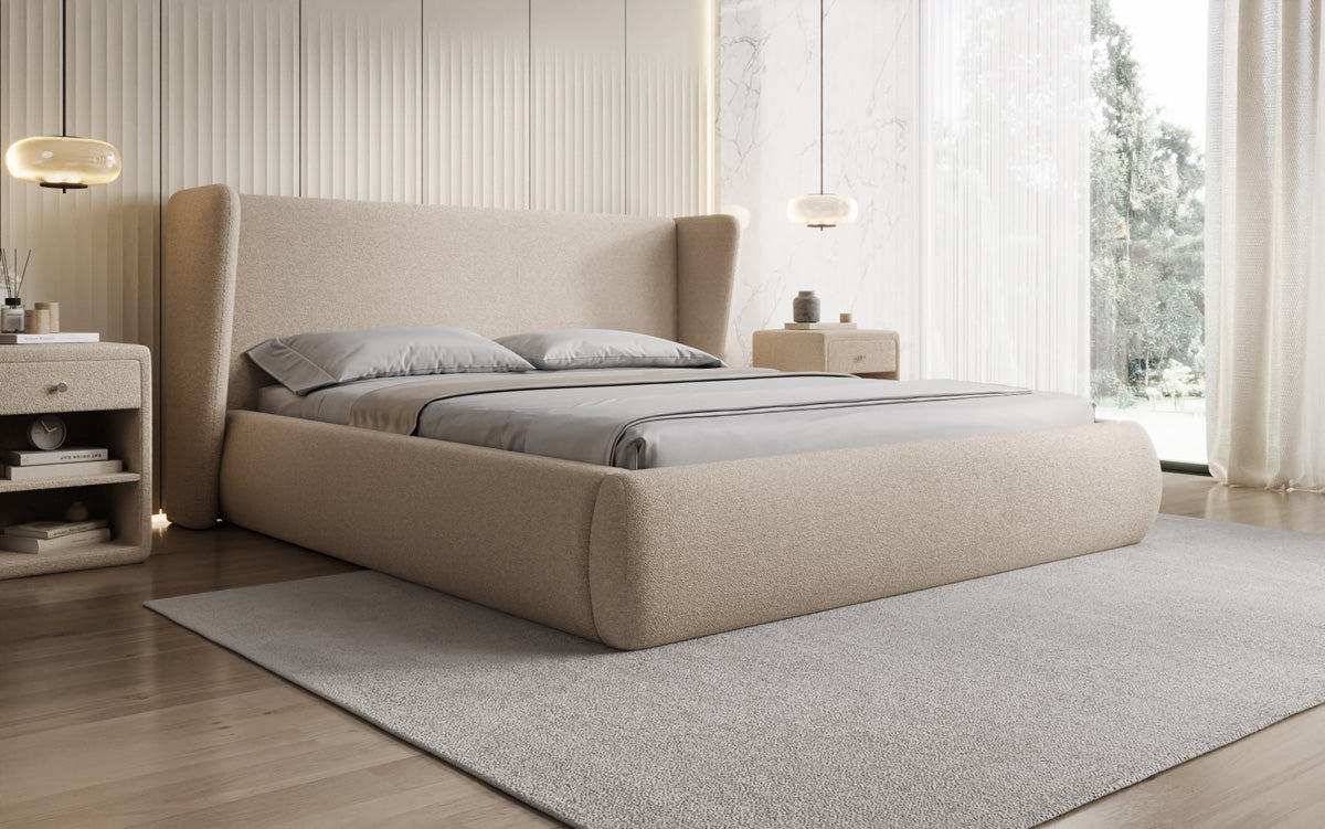 Designer Polsterbett Rosalie in Teddy Bouclé mit Stauraum