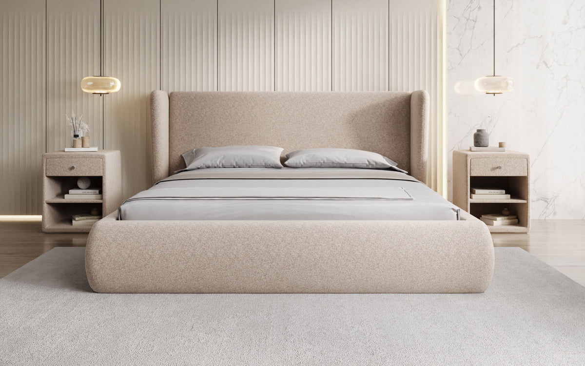 Designer Polsterbett Rosalie in Strukturstoff mit Stauraum