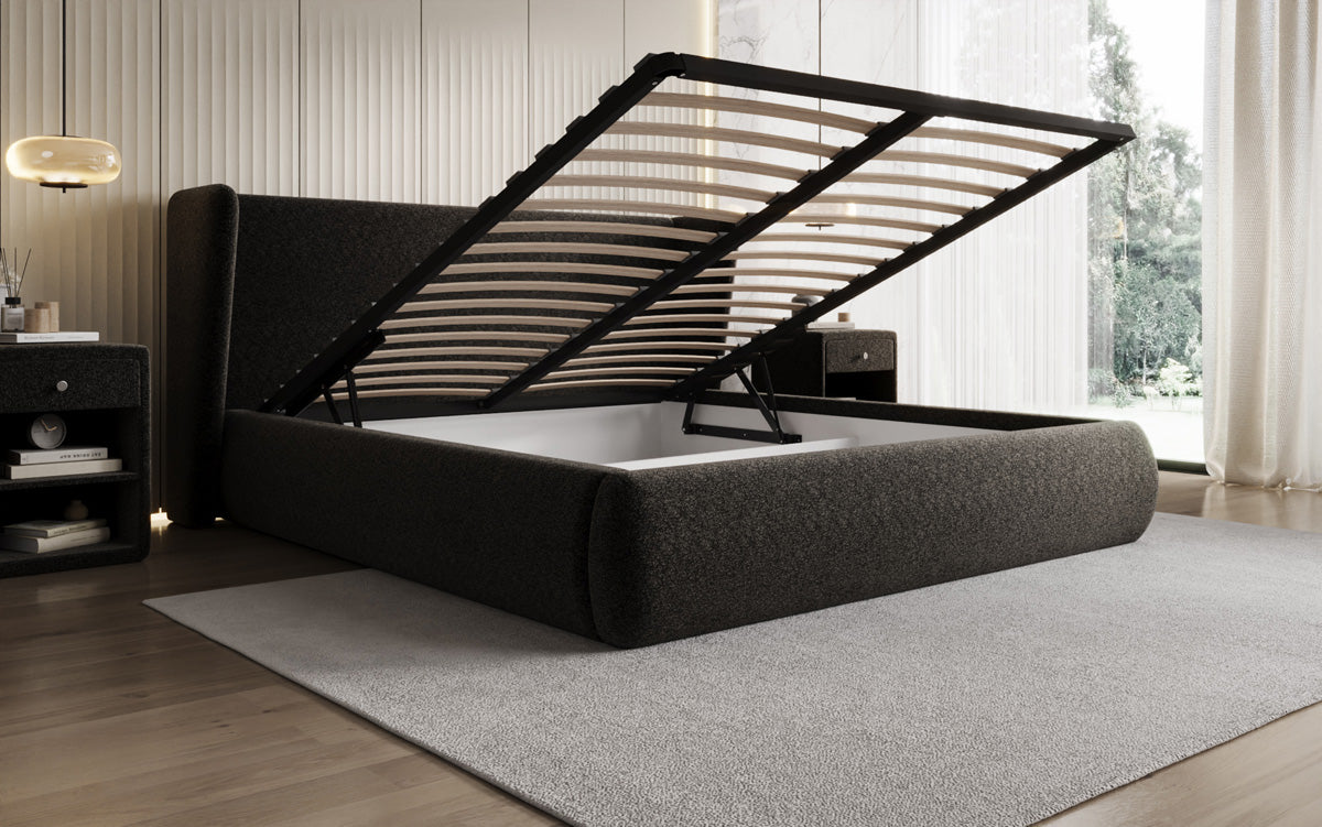 Designer Polsterbett Rosalie in Strukturstoff mit Stauraum