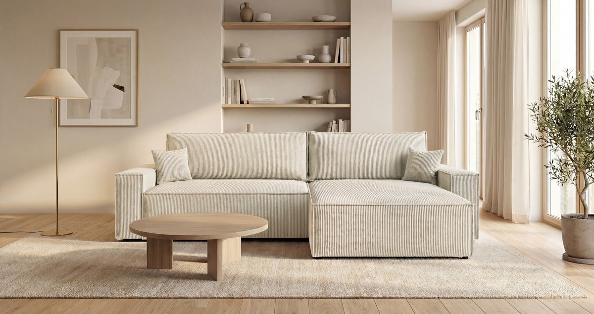 Designer Sofa Vienna mit Schlaf- und Klappfunktion in Cord