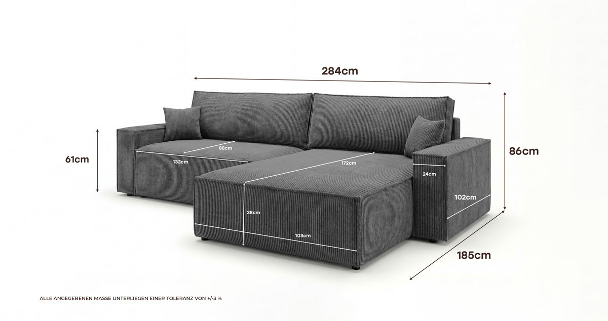 Designer Sofa Vienna mit Schlaf- und Klappfunktion in Cord