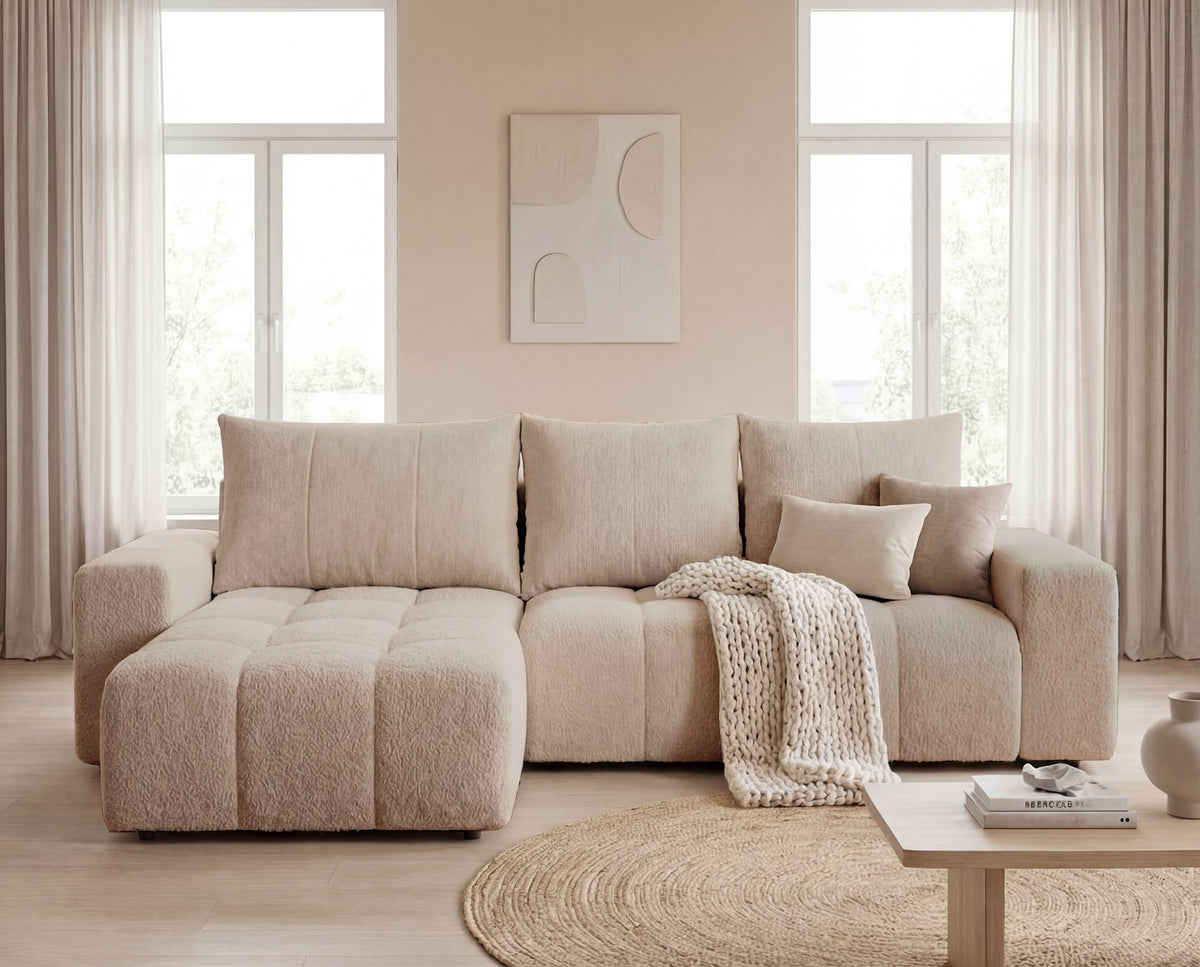 Designer Ecksofa Arvo in Bouclé mit Schlaffunktion & Stauraum – Beige – Links