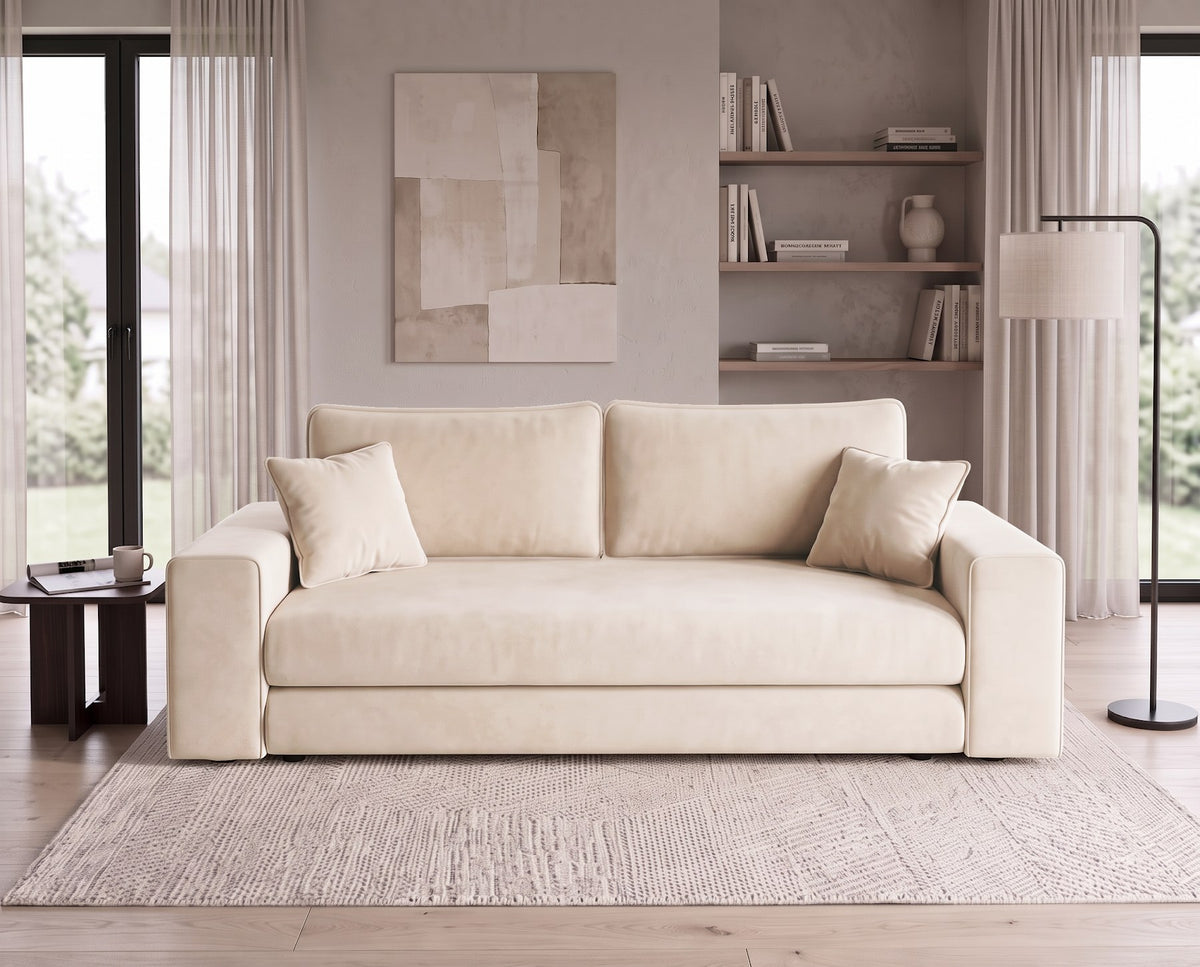 Designer 3 Sitzer Sofa Nilo in Samt mit Schlaffunktion & Stauraum – Beige