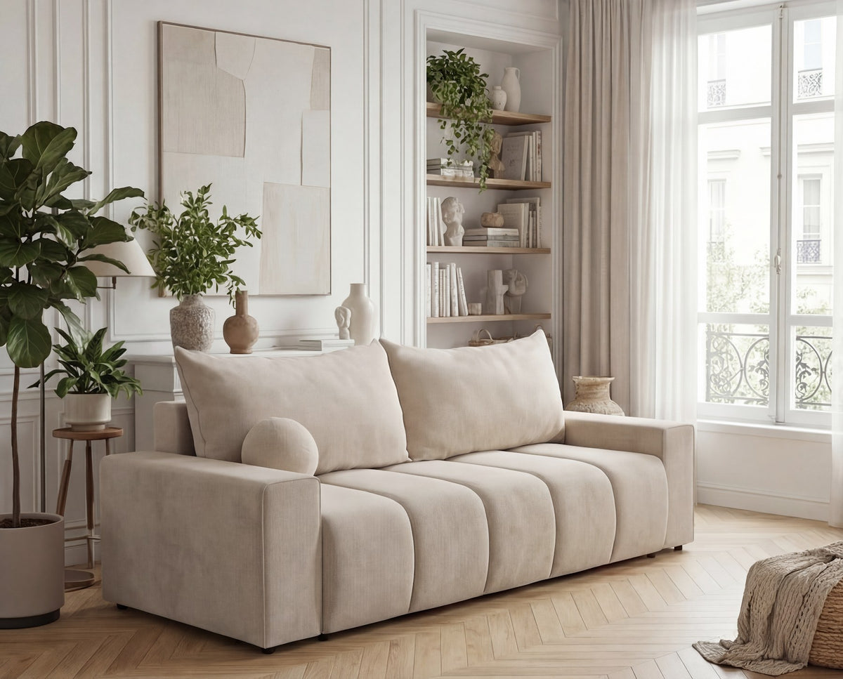 Designer 3 Sitzer Sofa Ava in Samt mit Schlaffunktion & Stauraum – Beige