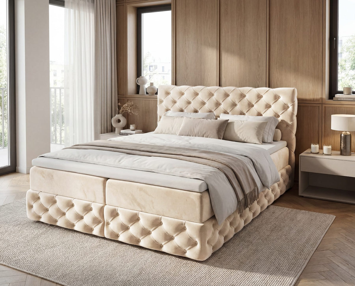 Boxspringbett Castella Samt mit Stauraum – Beige
