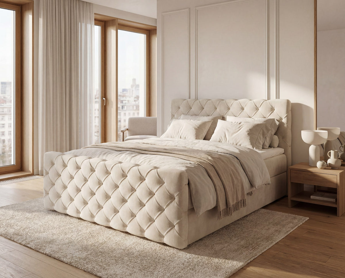 Boxspringbett Adora Samt mit Stauraum – Beige