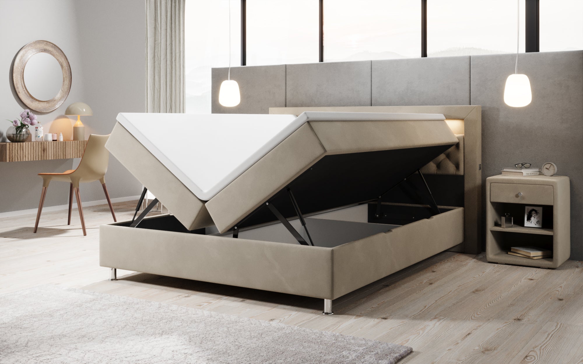 Boxspringbett Troja mit RGB, USB und Stauraum