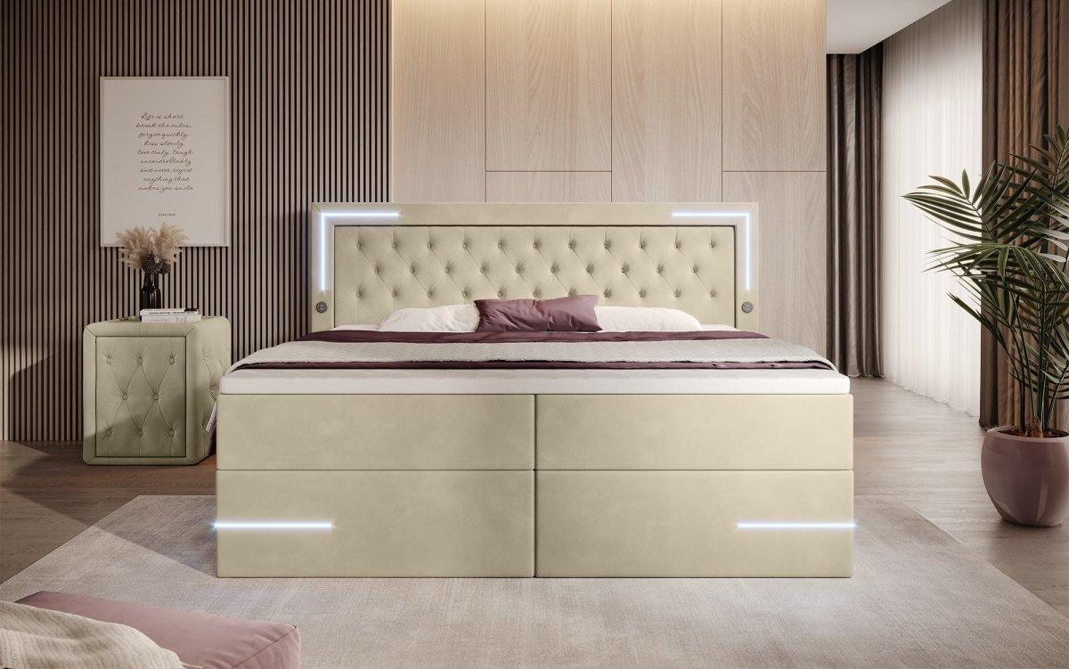Boxspringbett Carlotta mit LED, Stauraum und USB (Samt) - Luxusbetten24