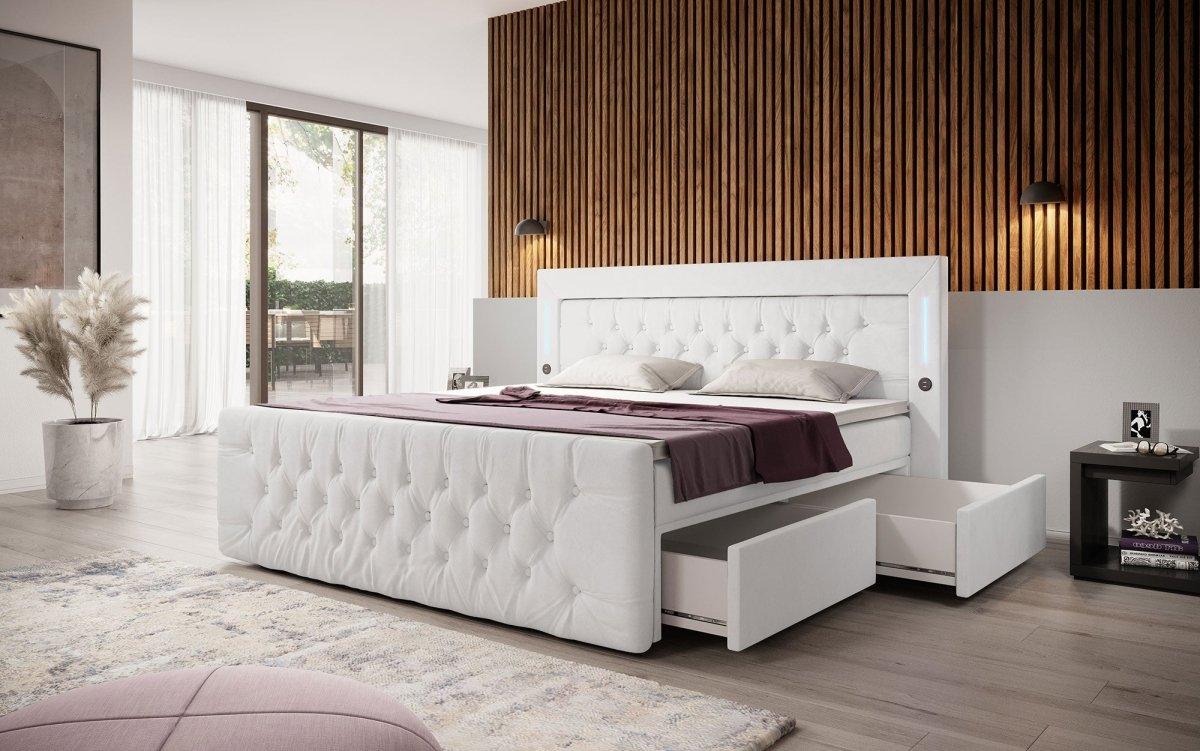 Boxspringbett Charme mit LED, USB und Stauraum (4 Schubladen) - Luxusbetten24