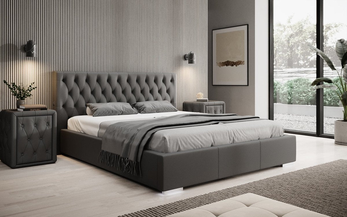 Designer Polsterbett Porto inkl. LED Füßen, USB und Stauraum - Luxusbetten24