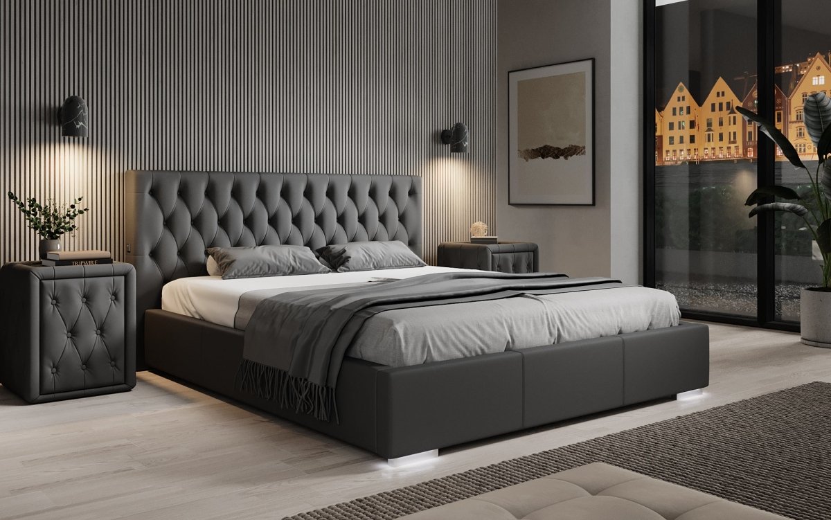 Designer Polsterbett Porto inkl. LED Füßen, USB und Stauraum - Luxusbetten24