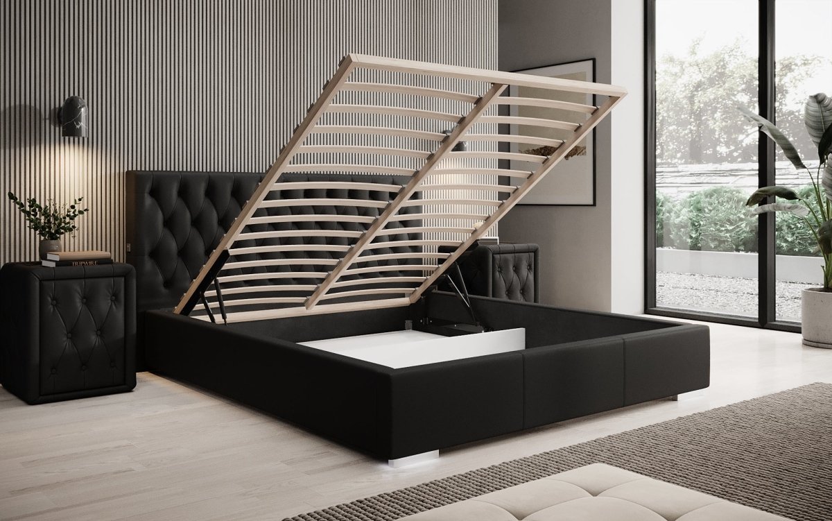 Designer Polsterbett Porto inkl. LED Füßen, USB und Stauraum - Luxusbetten24