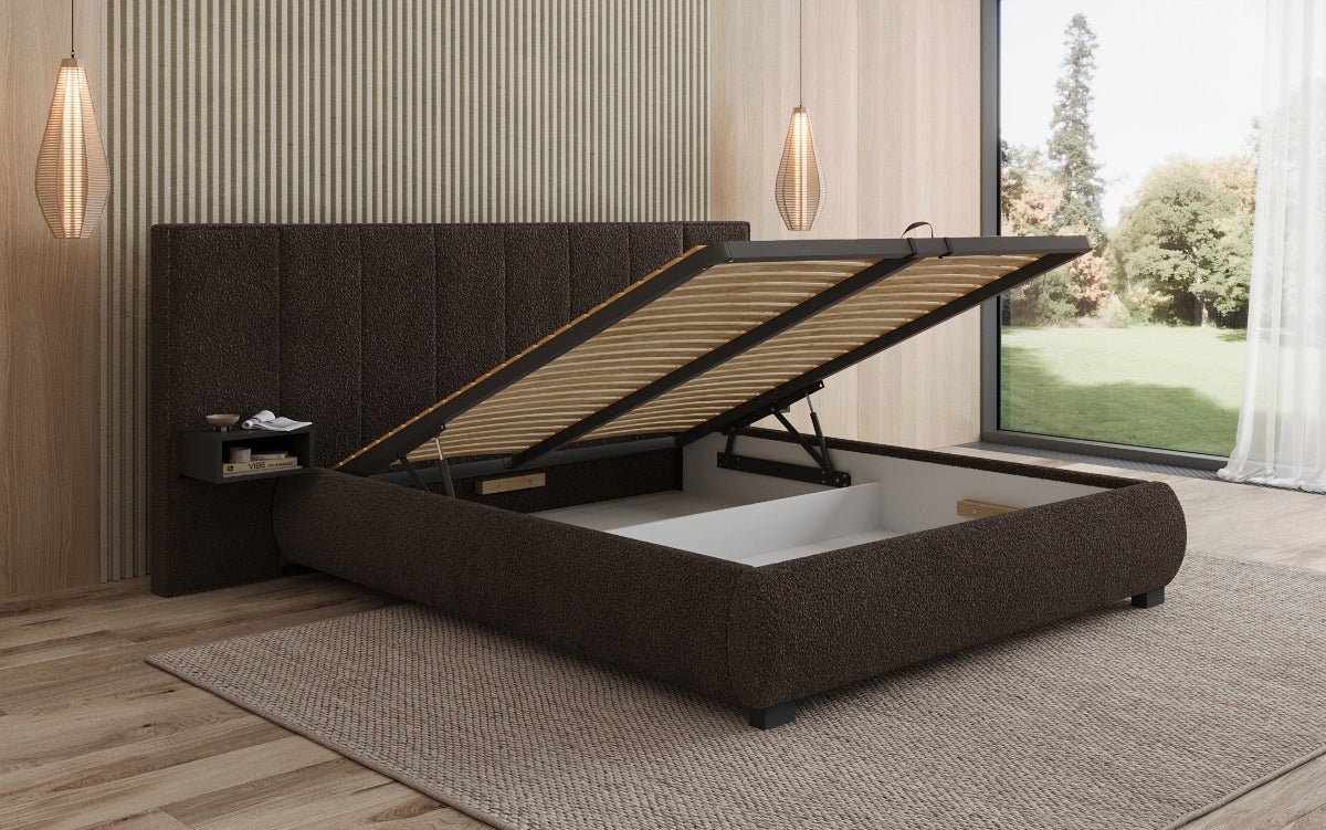 Designer Polsterbett Elvara in Bouclé mit Stauraum