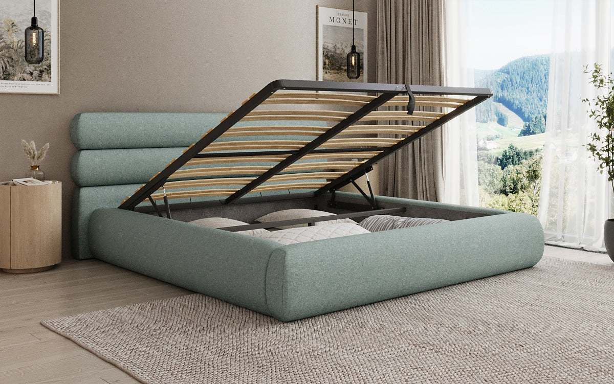 Designer Polsterbett Joline in Strukturstoff mit Stauraum