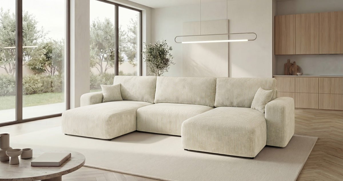Designer Sofa Noma U mit Schlaffunktion und Stauraum in Cord