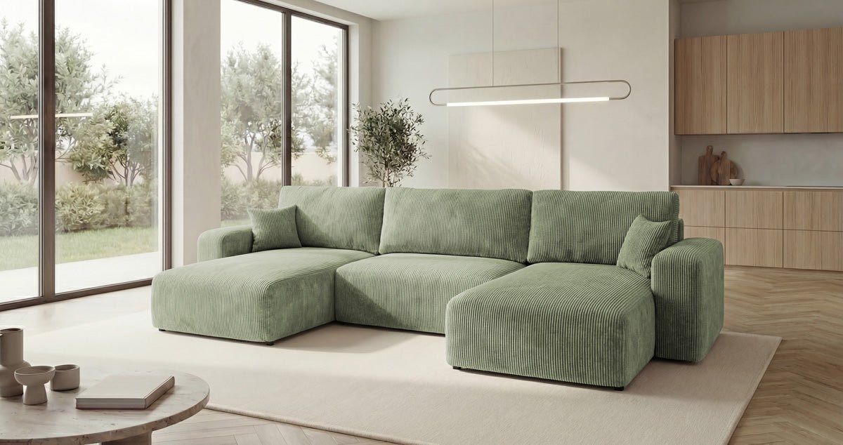 Designer Sofa Noma U mit Schlaffunktion und Stauraum in Cord