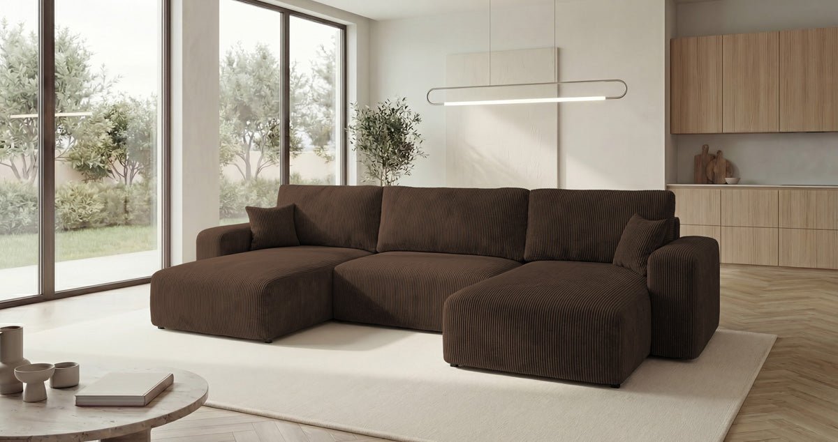 Designer Sofa Noma U mit Schlaffunktion und Stauraum in Cord