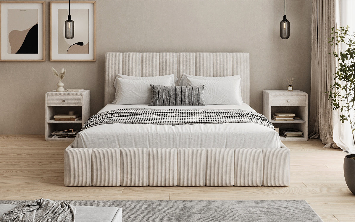 Designer Polsterbett Mila in Cord mit Stauraum