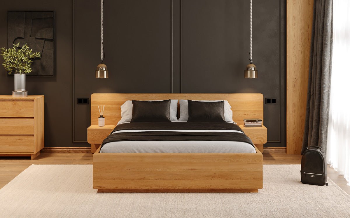 Designer Holzbett Fiona aus massiver Eiche mit Stauraum