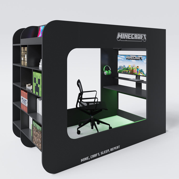 Minecraft Gaming-Hochbett „BaseCamp XL“ mit Schreibtisch & Regal