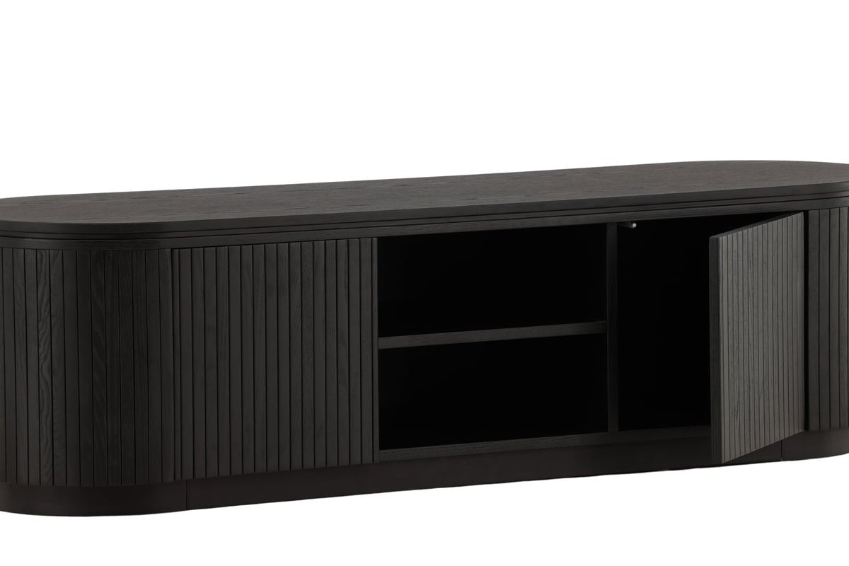 Designer TV-Lowboard Sundby – Schwarz in Eichenoptik mit Lamellenfront