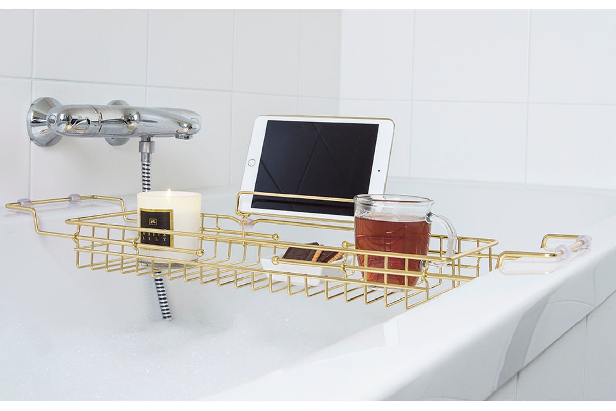 Badewannenablage Elara – Verstellbares Design aus goldfarbenem Eisen
