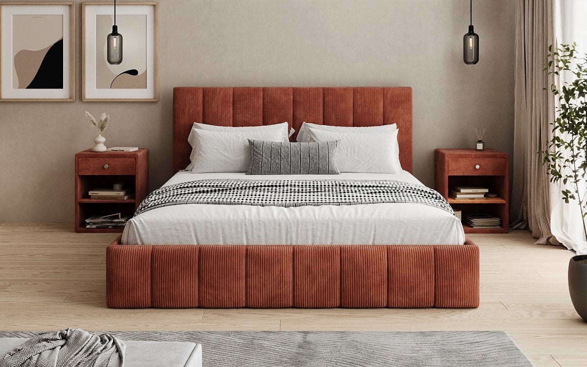Designer Polsterbett Mila in Cord mit Stauraum