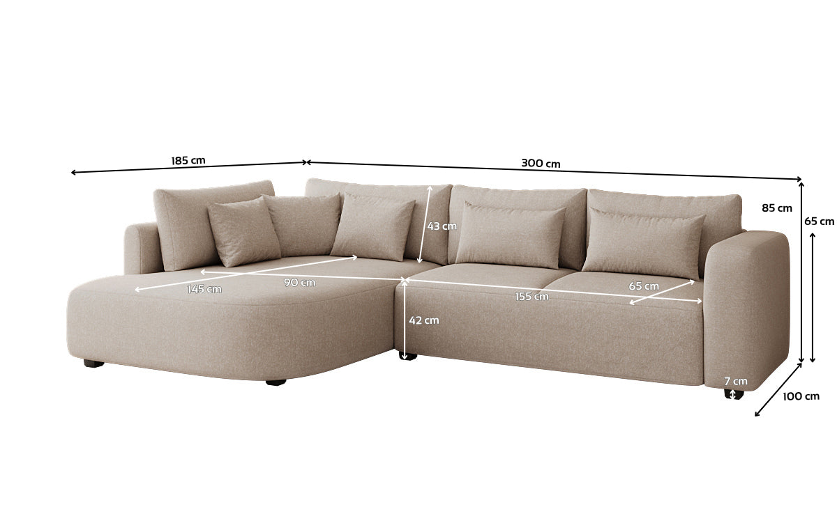 Designer Ecksofa Ando mit breiter Ottomane in Strukturstoff