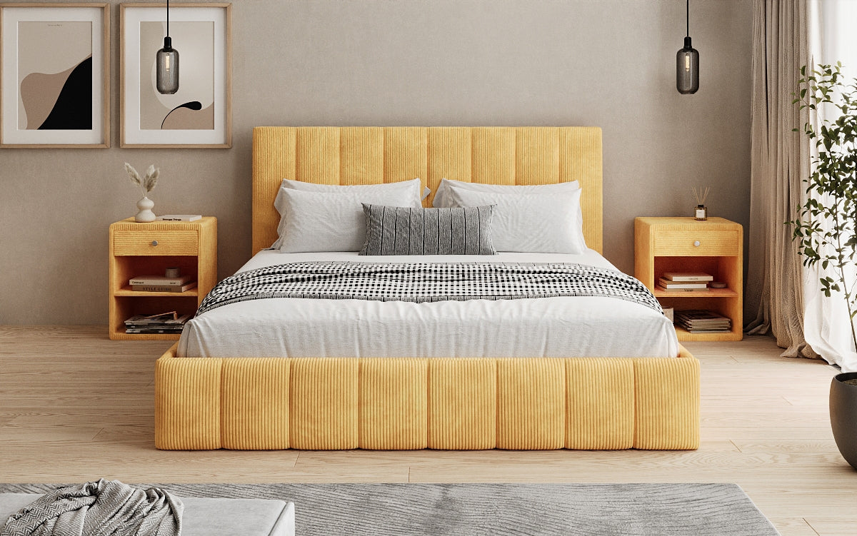 Designer Polsterbett Mila in Cord mit Stauraum