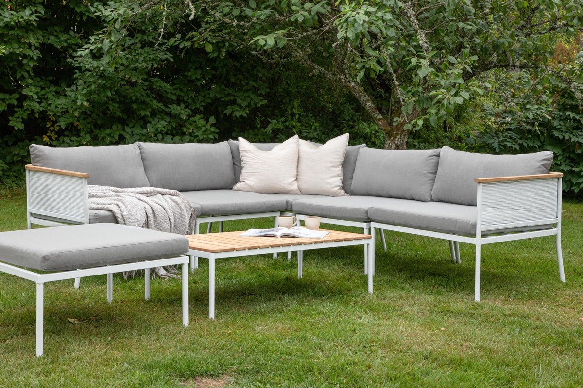 Garten Loungeset Luana – in Weiß & Schwarz mit Teak-Tisch & Polstern