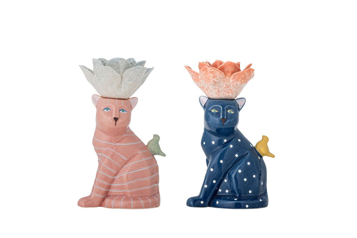Kerzenhalter Felinea – Katzenmotiv mit reaktiver Glasur (2er-Set)