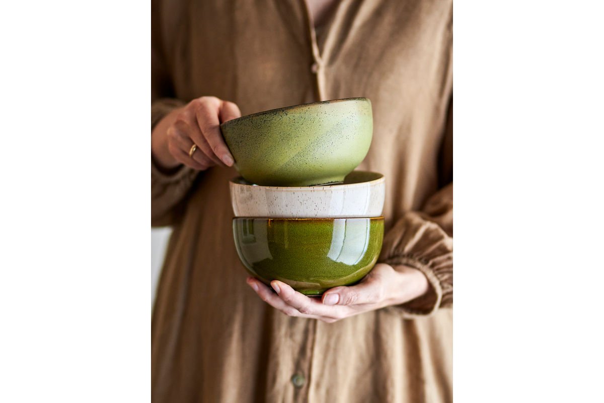 Schale Livia – aus Steingut, 3er-Set in Grün mit reaktiver Glasur