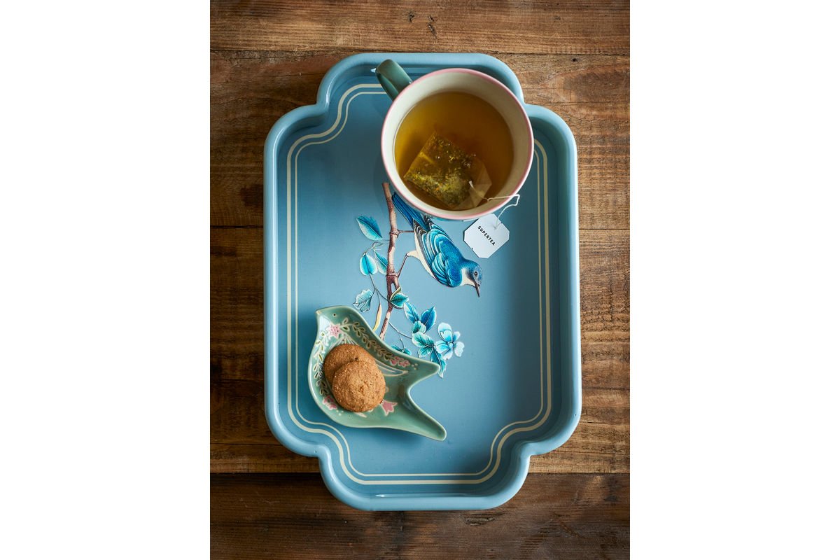 Tablett Bellora – Illustratives Vogelmotiv in Blautönen