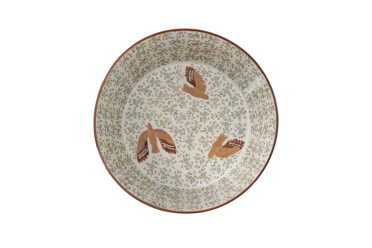 Schale Hania – handbemalte Steingutschale in Grün mit Vogelmotiv