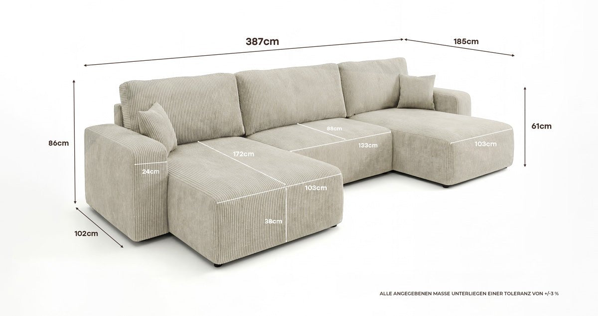 Designer Sofa Noma U mit Schlaffunktion und Stauraum in Cord