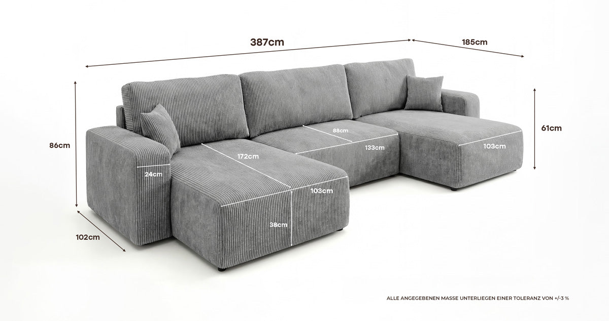Designer Sofa Noma U mit Schlaffunktion und Stauraum in Cord
