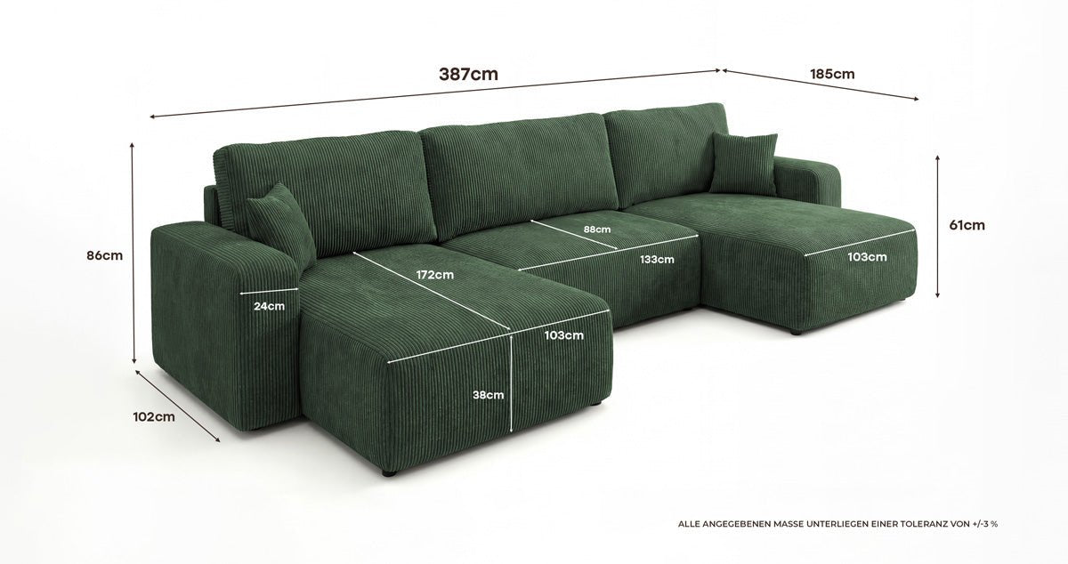 Designer Sofa Noma U mit Schlaffunktion und Stauraum in Cord