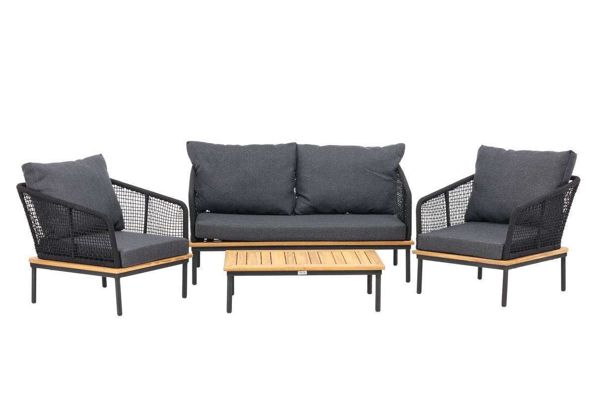 Garten Loungeset Malina – mit Holzdetails, geflochtenem Seil & grauen Kissen