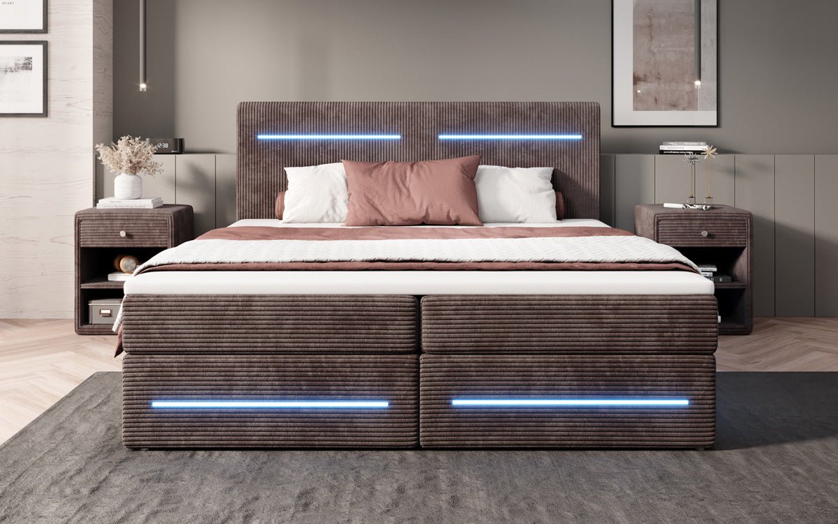 Lit boxspring Lara avec espace de rangement et LED en Côtelé