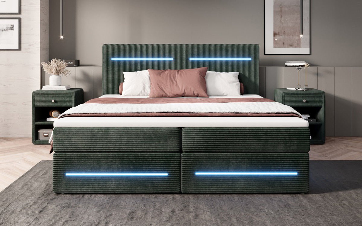 Lit boxspring Lara avec espace de rangement et LED en Côtelé