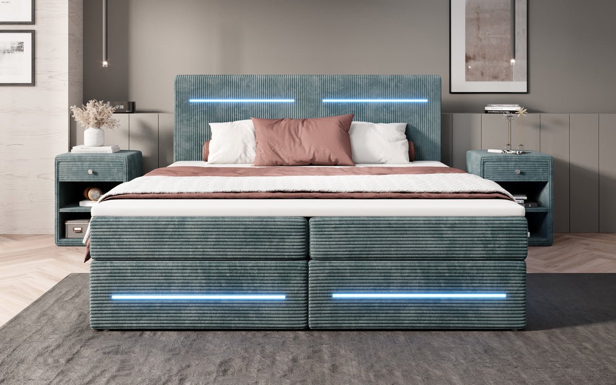 Lit boxspring Lara avec espace de rangement et LED en Côtelé