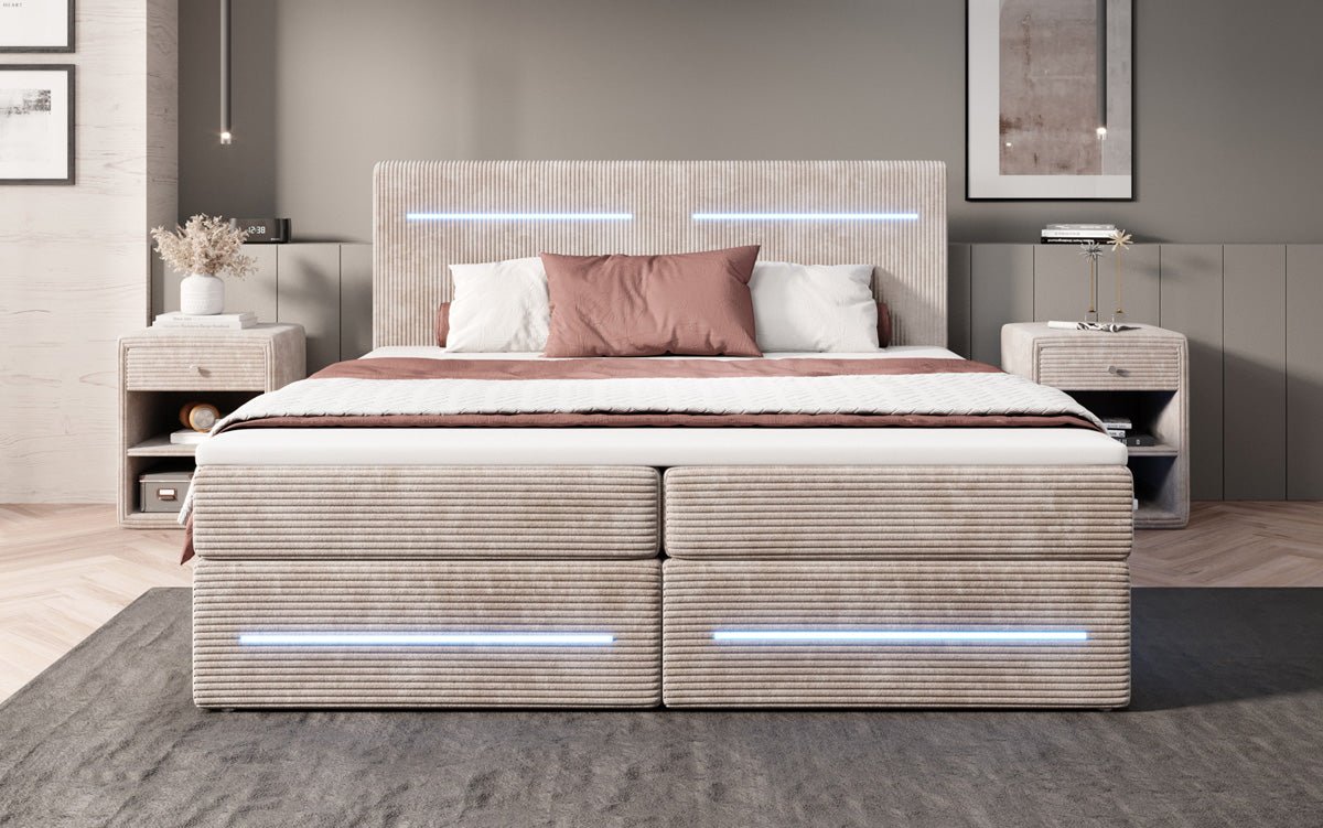 Lit boxspring Lara avec espace de rangement et LED en Côtelé
