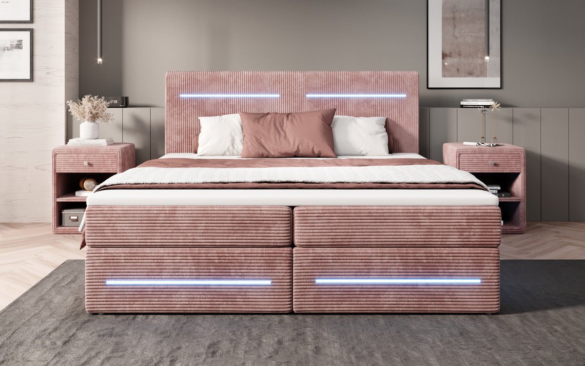 Lit boxspring Lara avec espace de rangement et LED en Côtelé