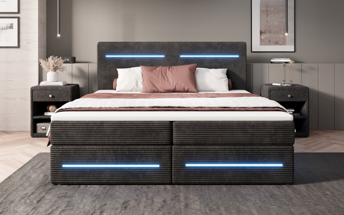 Lit boxspring Lara avec espace de rangement et LED en Côtelé